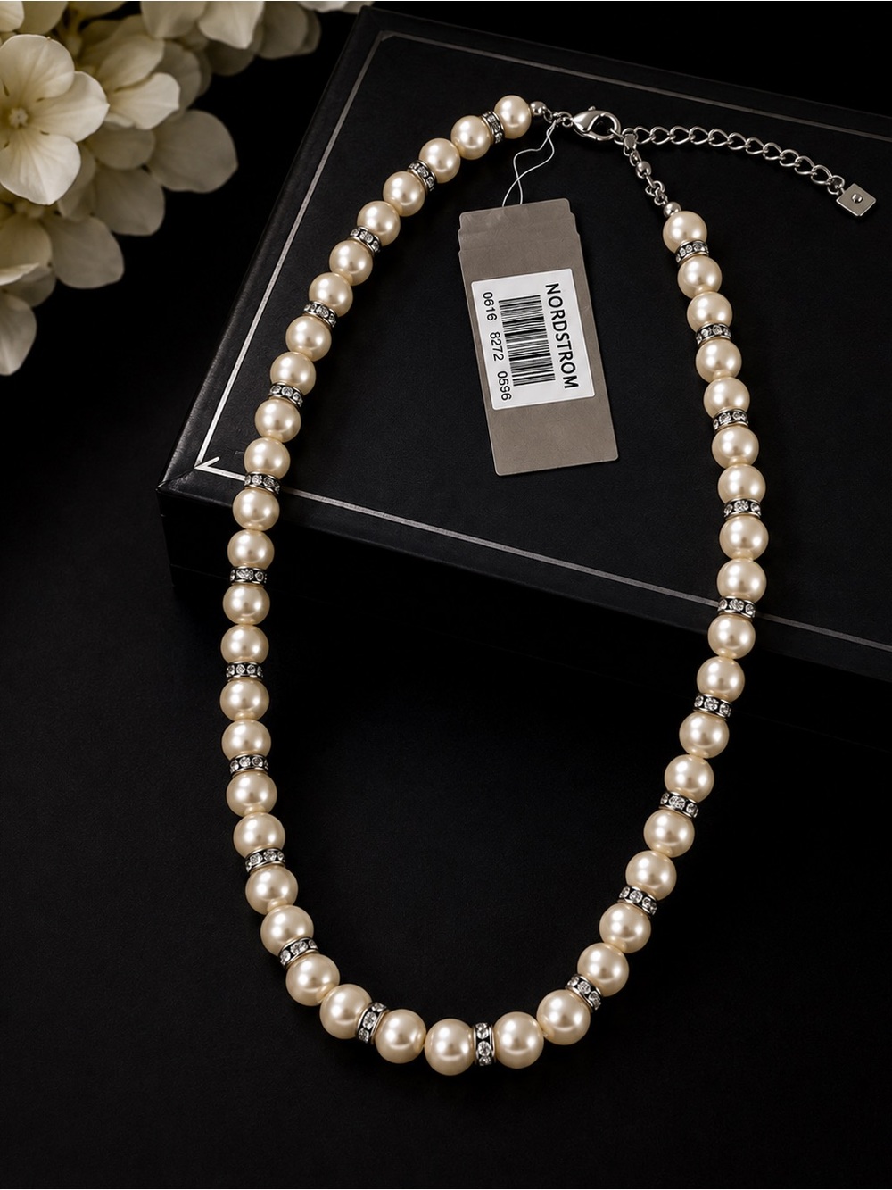 Nordstrom Faux Pearl Rhinestone Necklace Ivory Silver Tone NWT 16-18” NWT